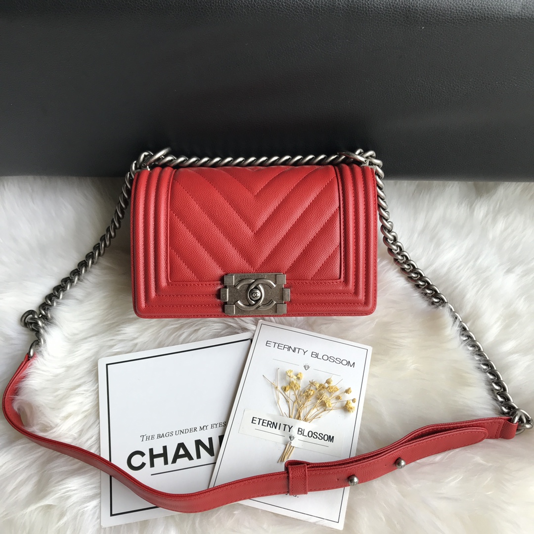 Caviar Small Boy Handbag Flap Bag A67085 Red/Silver